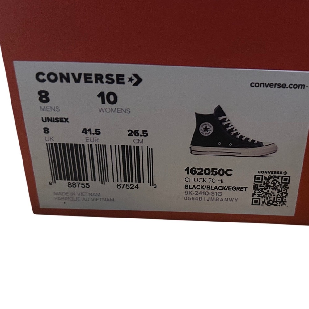 Converse Chuck 70 Hi Black Egret High Top Sneakers 162050C Mens 8 Womens 10 - Picture 2 of 7